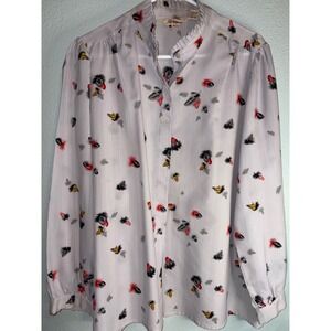 Vintage Ruggeri Feather Print Tie Neck Blouse Gray Ruffle Collar S-38 Long Slv